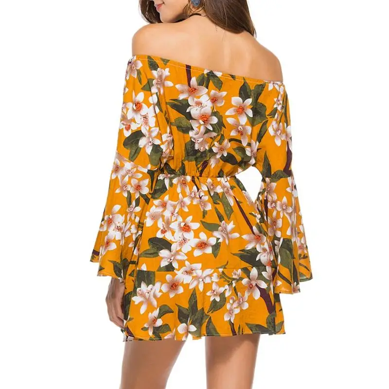 5 Color Bohemian Style Boho Holiday Off Shoulder Dress Casual Floral Print Mini Sundress Long Flare Sleeves Summer Ruffles | Женская