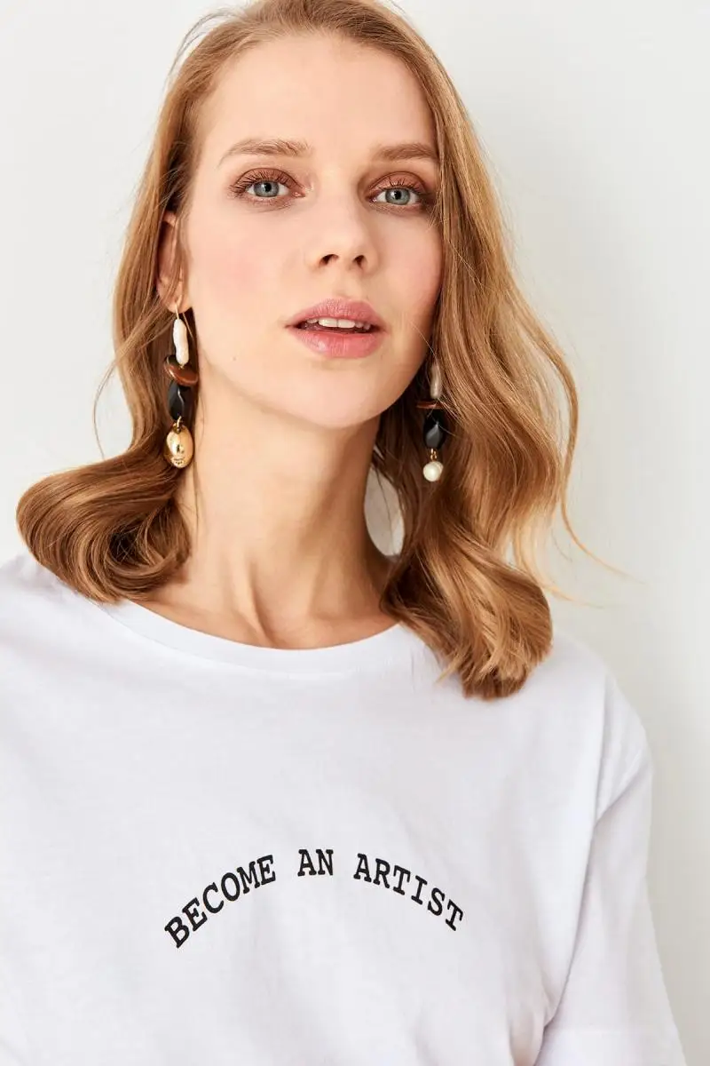 Trendyol белый печатных укороченный трикотажная футболка TWOSS19BX0111|Футболки| |