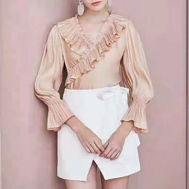 TWOTWINSTYLE розовые расклешенные женские шифоновые рубашки с длинными рукавами