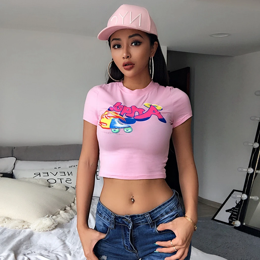 Сексуальный женский укороченный топ с принтом футболка в стиле хип-хоп летние