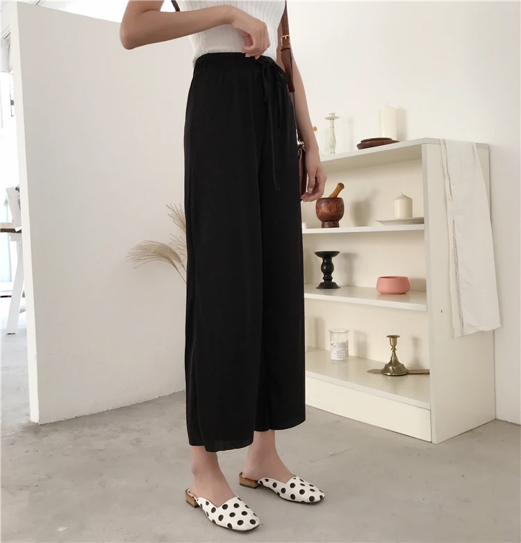 Pure Color Casual Lace Up Women Wide Leg Pants Loose High Waist Palazzo Black Ankle-Length Summer Trousers | Женская одежда