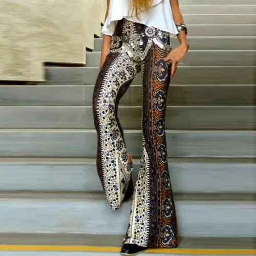 

Women Casual Flare Pants NEW Casual Women Boho Floral Stretch High Waist Loose Bell Bottom Long Pants