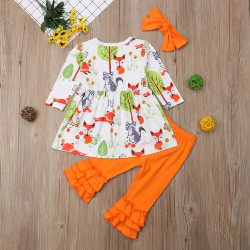 Toddler Baby Girls Floral Fox Printed Cotton Tops t shirt Dress Ruffles Pants Leggings Outfits Clothes Set Hot | Детская одежда и