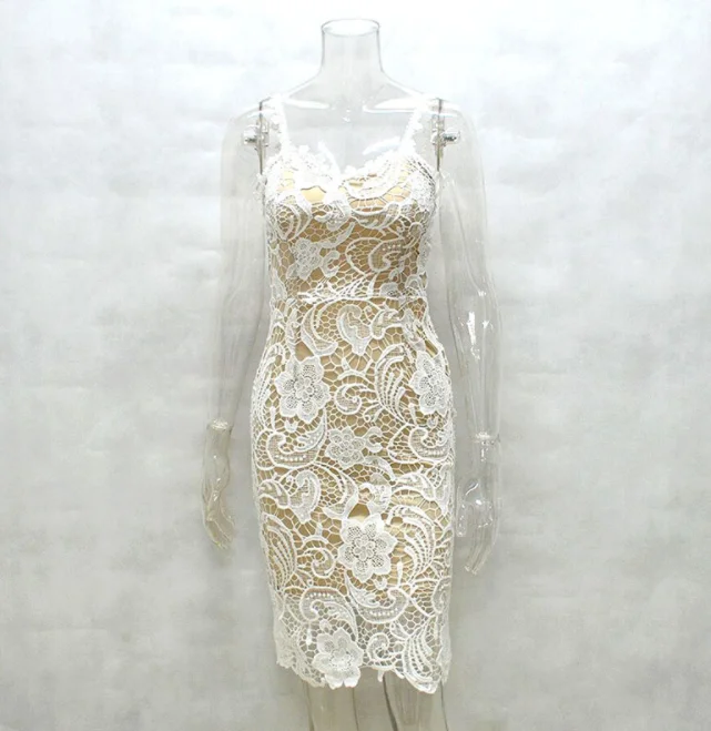 

2020 Fashion Designer White/ Black Party dress Women Sexy Sleeveless Lace Crochet Hollow Out Slim Spaghetti Strap Bodycon Dress