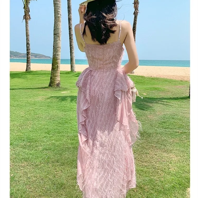 2019 Summer Women Elegant Spaghetti Straps Ruffles Boho Dress Ladies High Waist Sexy V Neck Backless Long Beach Dresses Vestidos | Женская