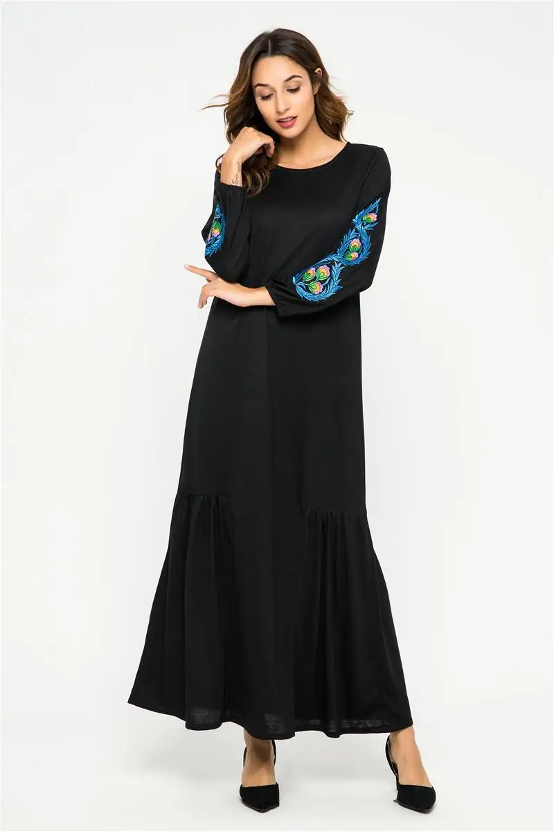 Мусульманское женское Макси Платье с вышивкой длинный рукав халат Абая джилбаб