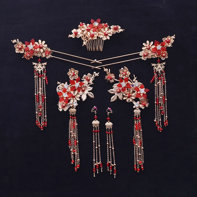 2018 new Chinese flower Red beads tassel bride head wear ancient tiara costume wedding hair jewelry | Украшения и аксессуары