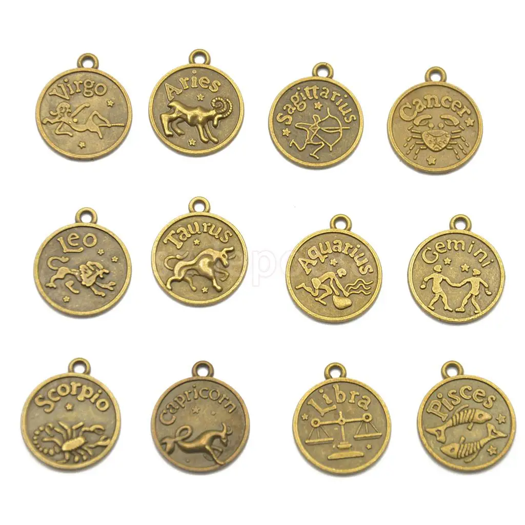 

12 pcs Antique Bronze Horoscope Zodiac Round Pendant Charm Jewelry Making