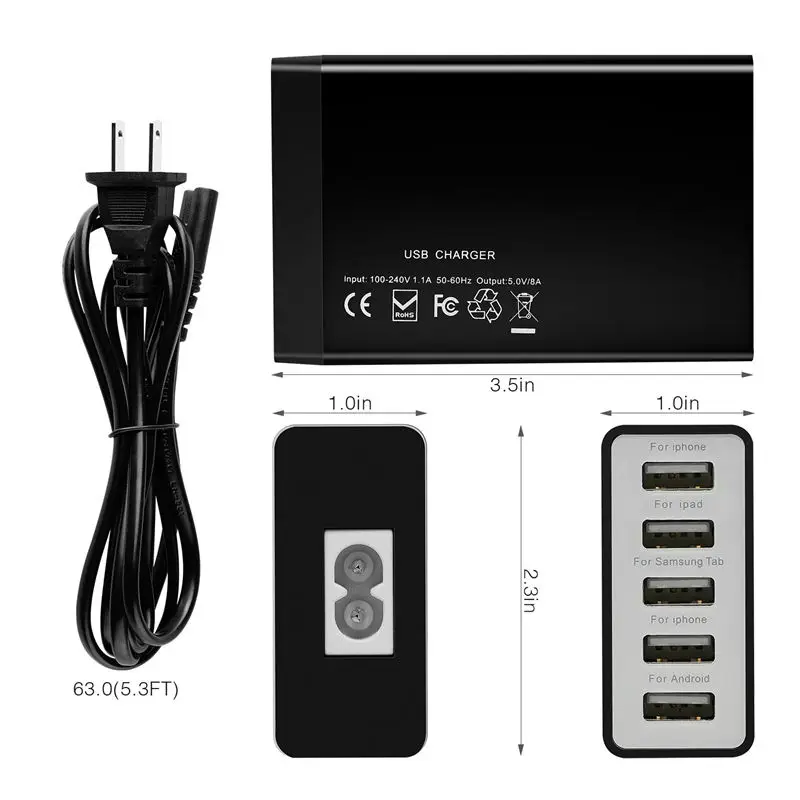 AABB-5-Port USB зарядное устройство с несколькими портами 40 Вт 8А настольная зарядная