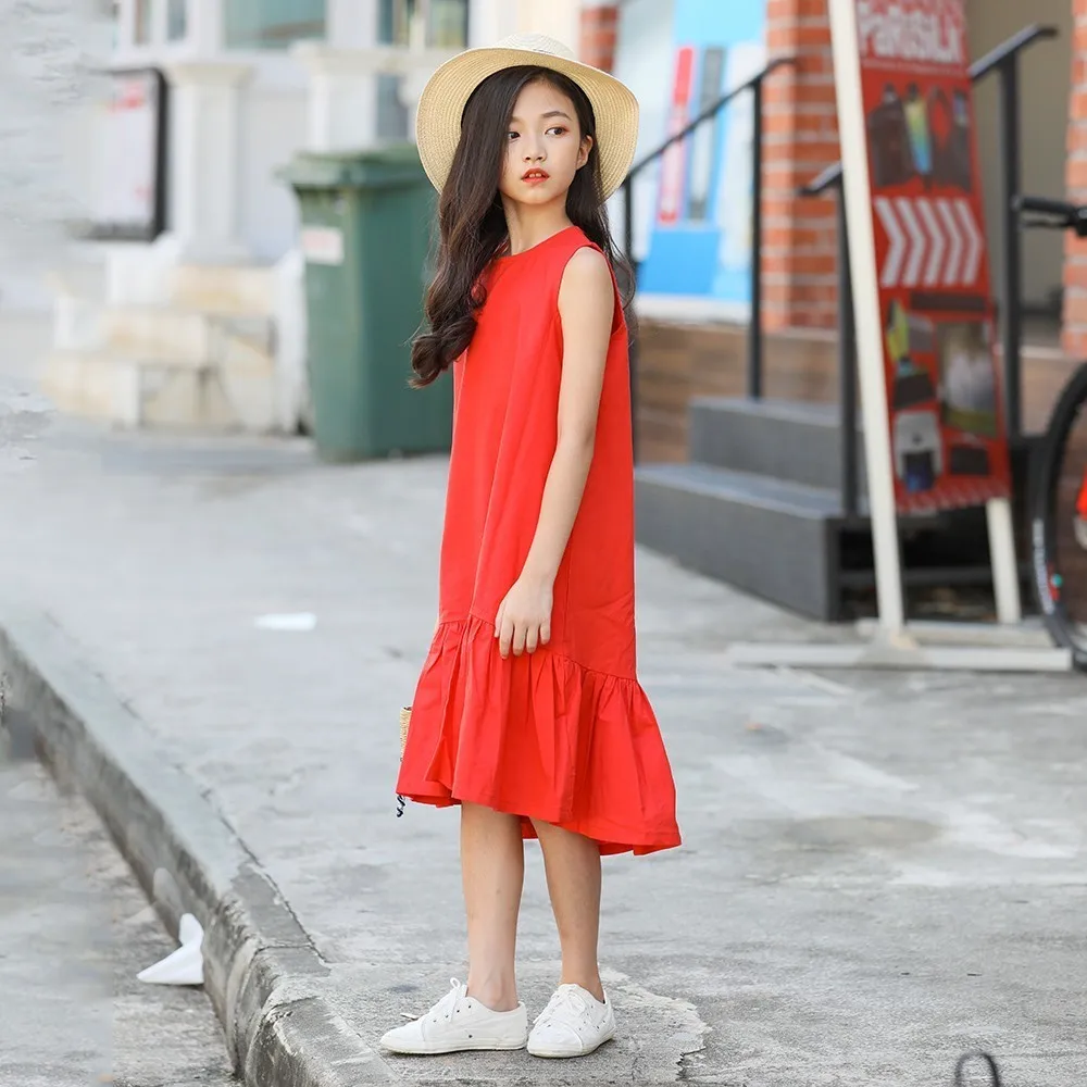 Mermaid Teenager Blue Red Dress Girls Summer 2019 Pockets Ruffles Kid For Girl Mid Long Mother And Daughter Clothes | Детская одежда и