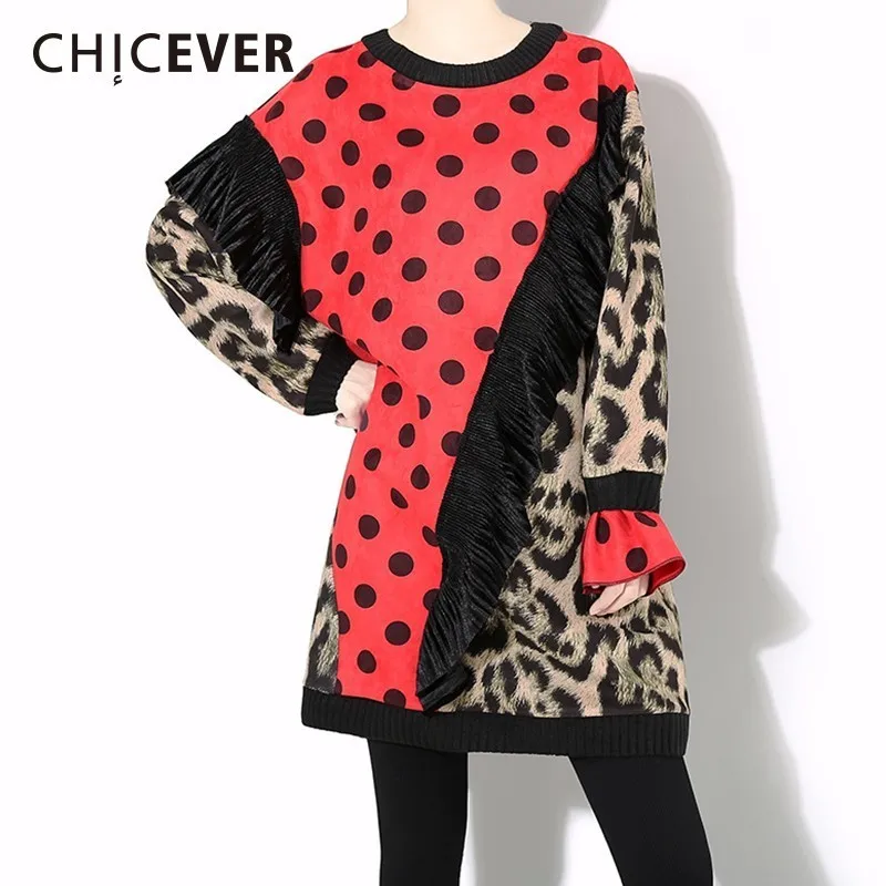 CHICEVER лоскутное Leopard Женская толстовка пуловеры для женщин с круглым вырезом