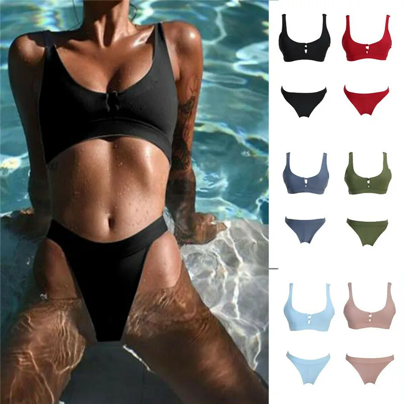 Женский однотонный купальник бикини пуш ап без косточек треугольный лето