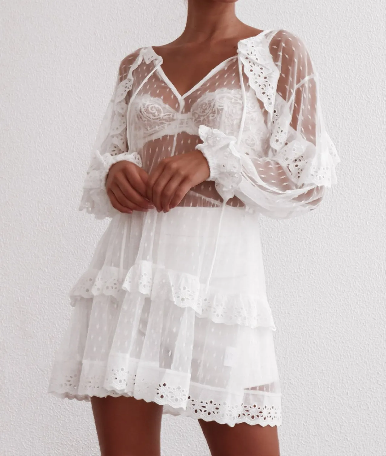 Women's Summer Cover Up Beach Dress Hollow Out Lace See Through Mesh Sexy Club Long Sleeve Ruffle Sundress | Женская одежда