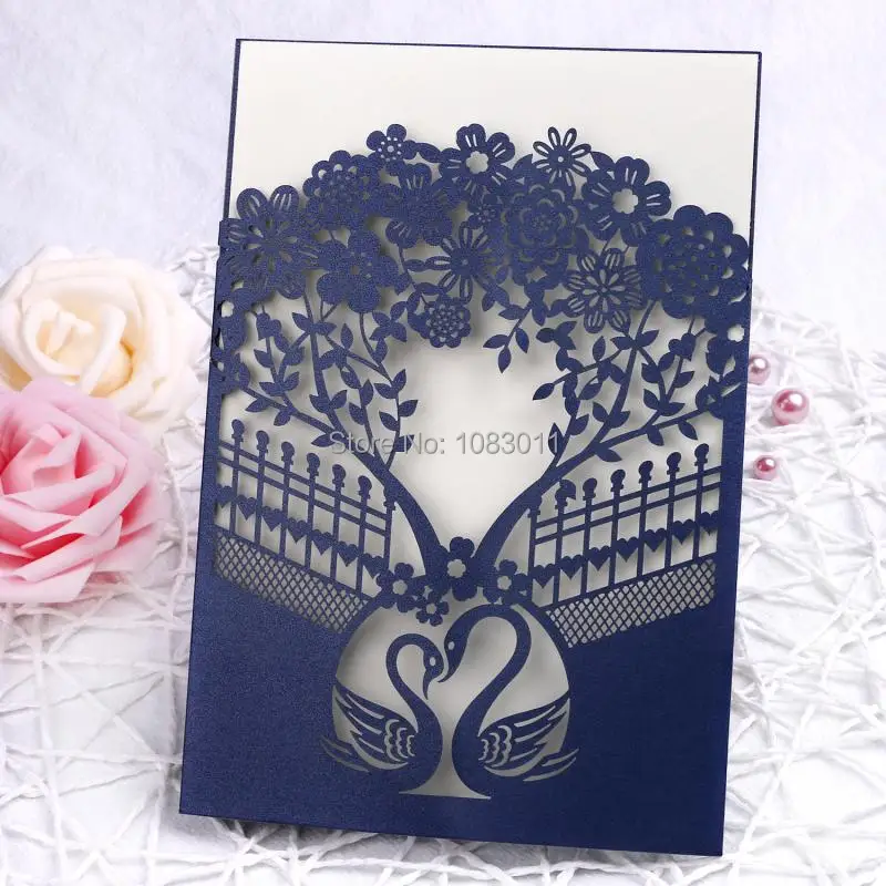 PONATIA 25Pcs Navy Blue Laser Cut Wedding Invitations Cards Hollow Heart Rose for Engagement Birthday Bridal Shower Invites | Дом и сад