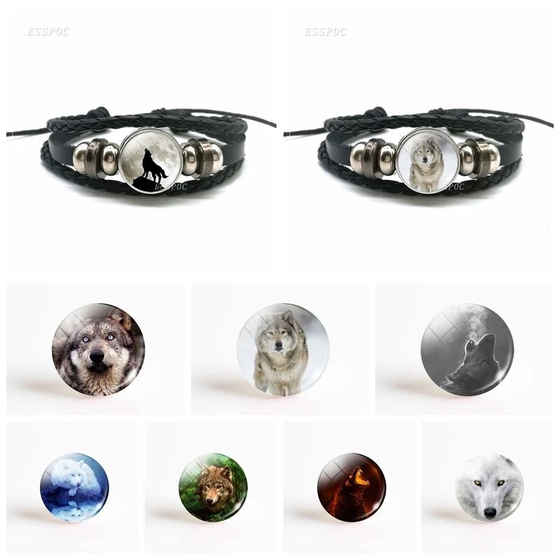 

Moon White Wolf Jewelry Black Hand-woven Multilayer Button Leather Bracelet Glass Dome Fashion Animal Accessories Men Gift