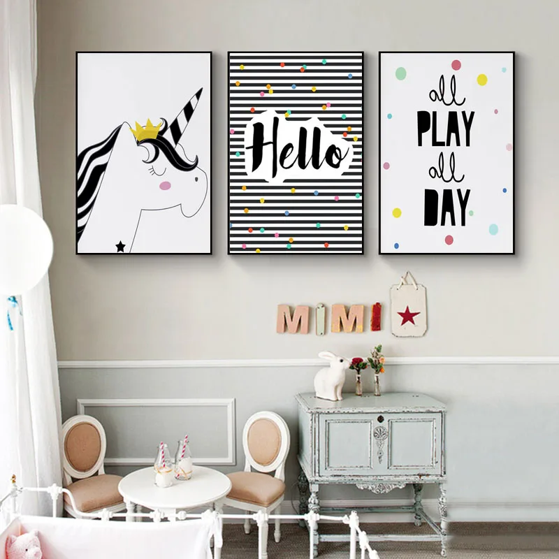 

Black and White Modern Nursery Print Unicorn Wall Art Canvas Poster Kids Room Art All Play Scandinavian Painting Bedroom Decor