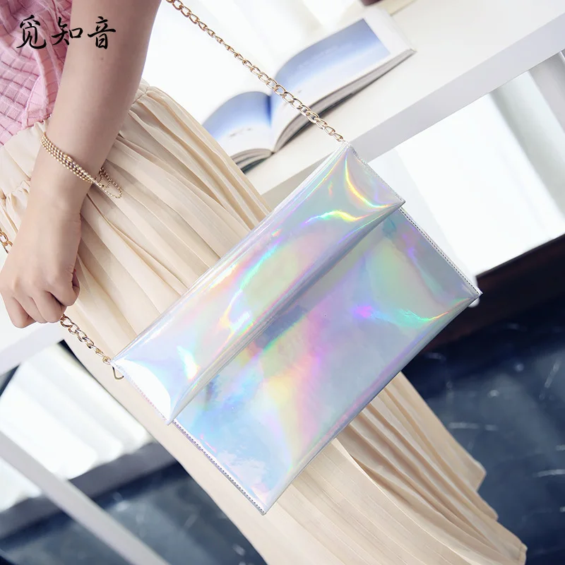 Для женщин клатч кошелек. Лазерная Металлик серебряная сумочка. crossbody цепи