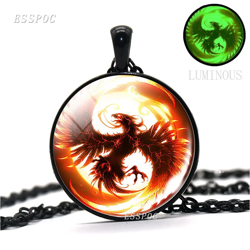 

Fire Phoenix Jewelry Glow In The Dark Glass Dome Pendant Necklace Fashion Bronze Black Color Chain Necklace for Men Women