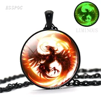 fire phoenix jewelry glow in the dark glass dome pendant necklace fashion bronze black color chain necklace for men women