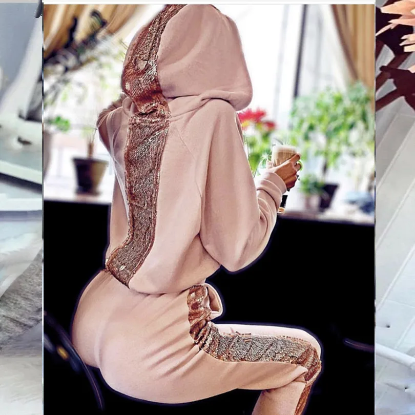 2019 Модные женские спортивные костюмы с пайетками повседневные толстовки и штаны