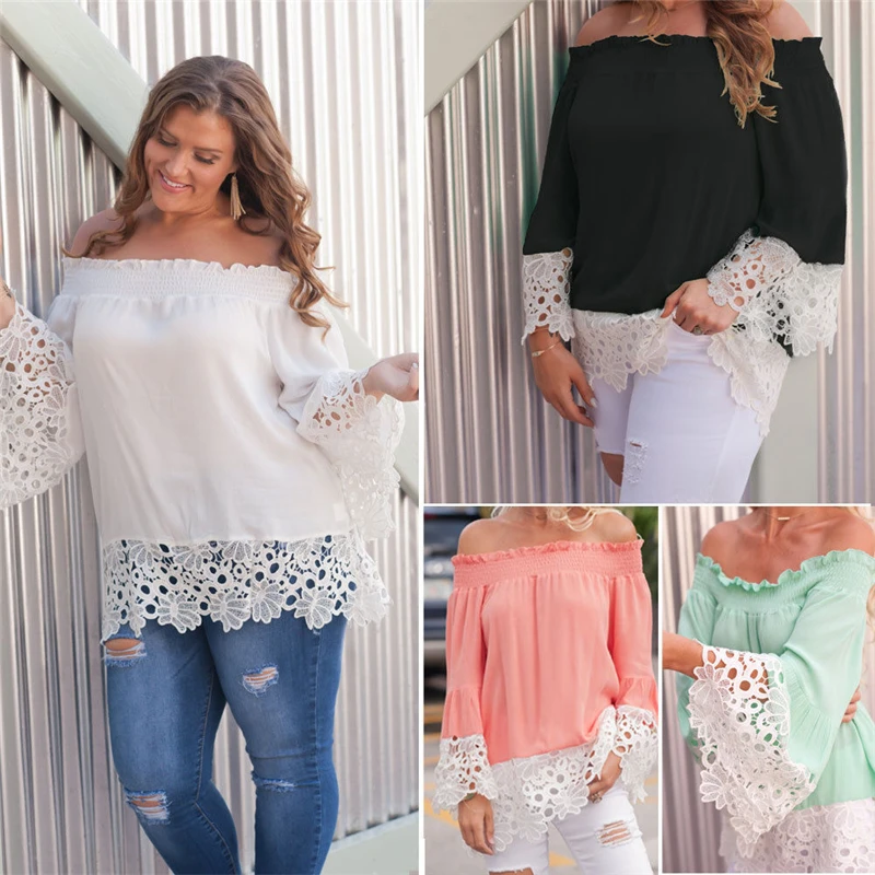 New fashion women summer off shoulder long flare sleeve shirt ladies casual lace floral blouse loose tops | Женская одежда