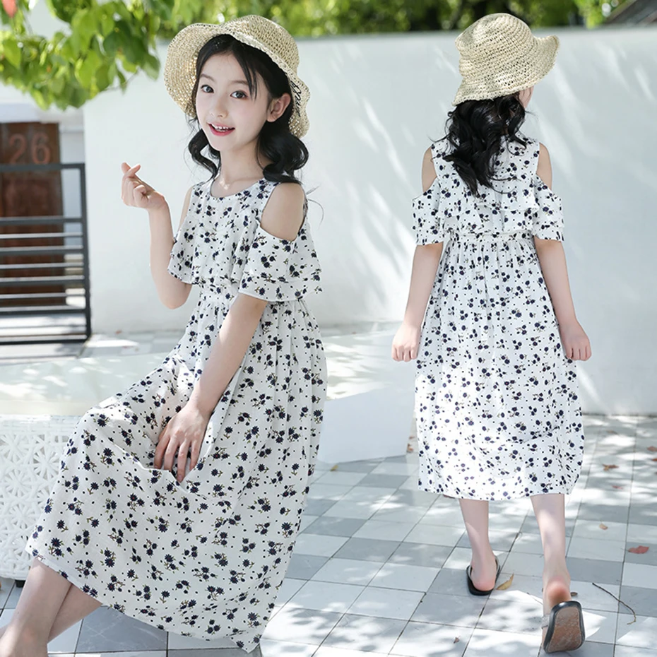 Kids Dresses For Girls Summer Beach Kid Dress Flowers Off Shoulder Cotton Long Costume Girl 4 6 8 10 12 13 Years | Детская одежда и