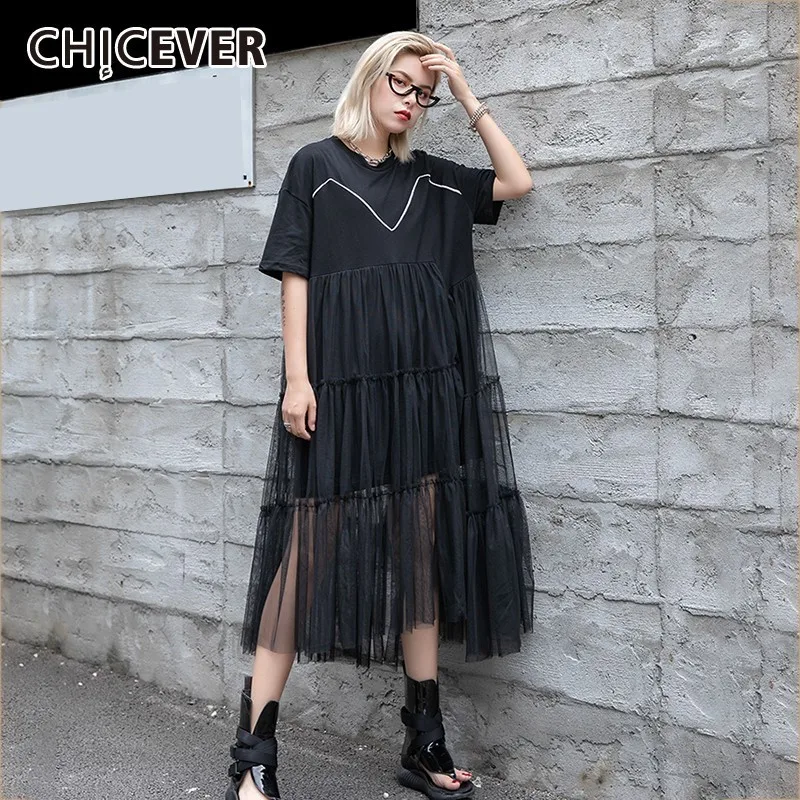 Женское платье CHICEVER черное с коротким рукавом и о-образной кромкой | Женская