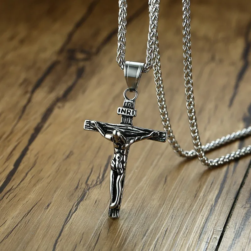 Мужские ожерелья INRI Jesus Christian Cross винтажная Подвеска из нержавеющей стали с