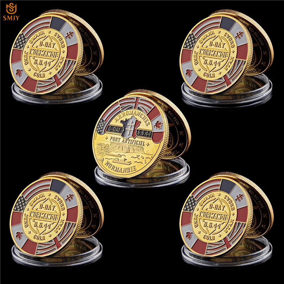 

5Pcs 1944 WW II Normandy Operation Overlord Landing Movement Gold Military Replica Challenge Coin Collectibles Coins Original