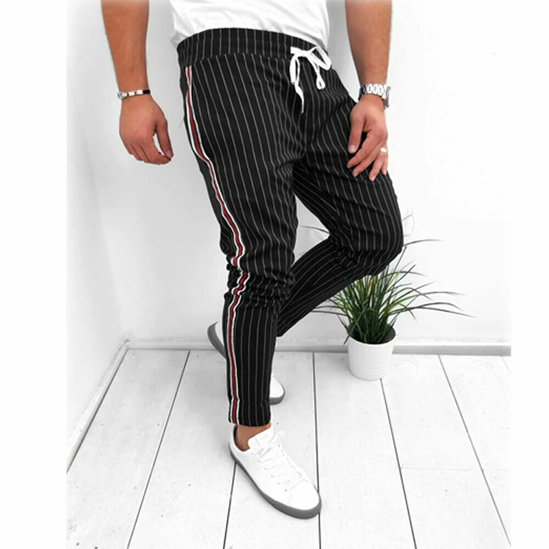 

Summer Workout Jogging Stripe Men Pencil Pants Striped Sport Sweatpant Running Joggers Bodybuilding Long Trousers Black Gray