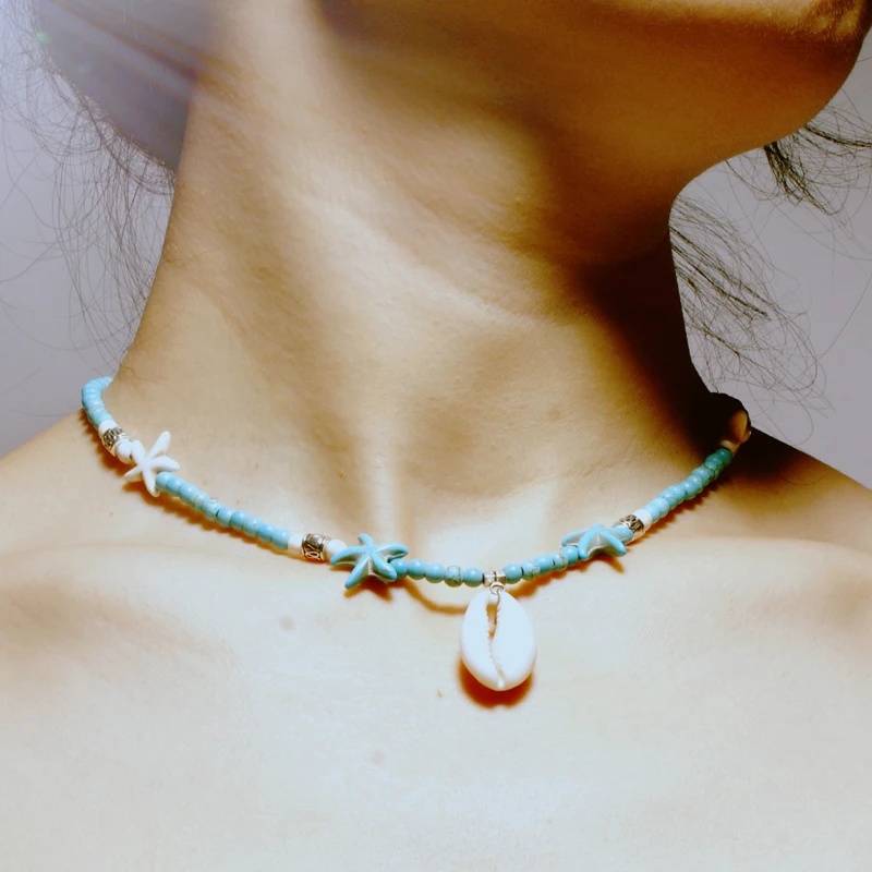New Design Shell Pendants Starfish Turquoises Beaded Choker Necklace for Women Chic Bib Collier Femme Cowrie | Украшения и