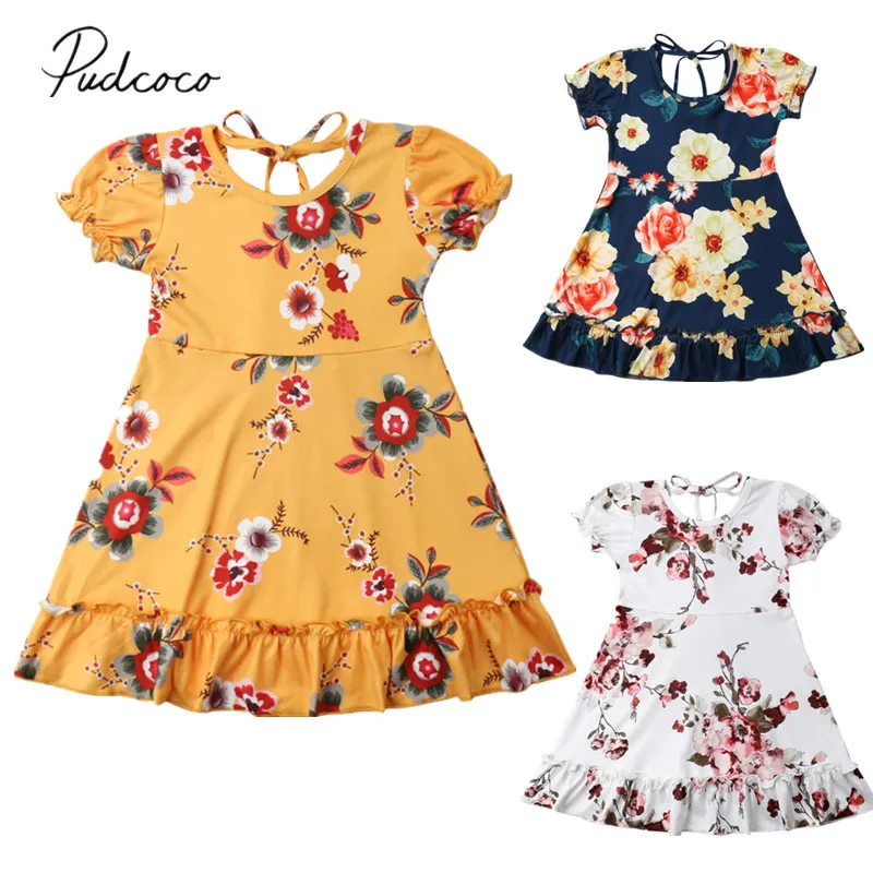 2019 Brand New 1-6Y Toddler Kids Baby Girls Boho Dress Flowers Print Ruffles Shortsleeve Knee-Length Belt Backless Summer | Детская