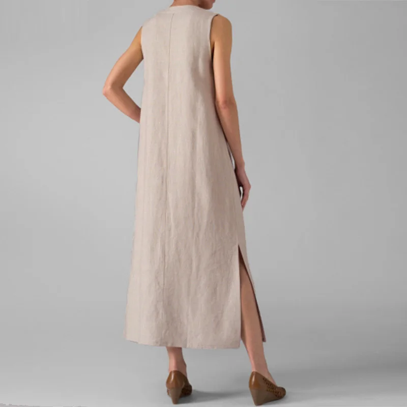 Туника без рукавов из хлопка и льна Макси Разделение платье негабаритных длинное