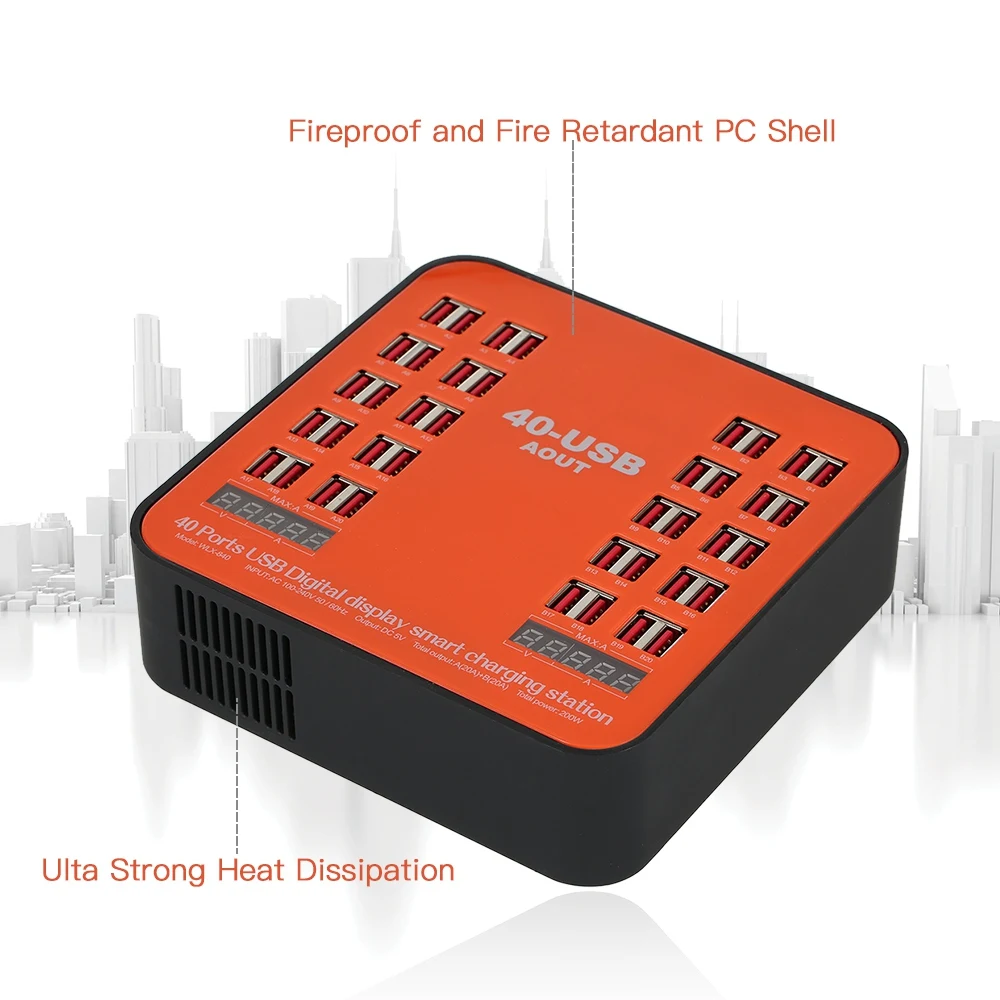 WLX-840 USB Charger 200W 40-Port Wall Dual Digital Display Smart Charging Station with Foldable Plug for IPhone Ip | Электроника