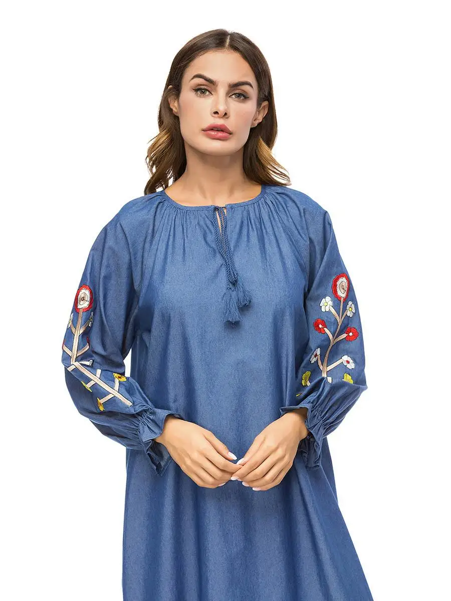 Женские мусульманские длинные платья джинсовые свободные Абая вышивка jilbaw