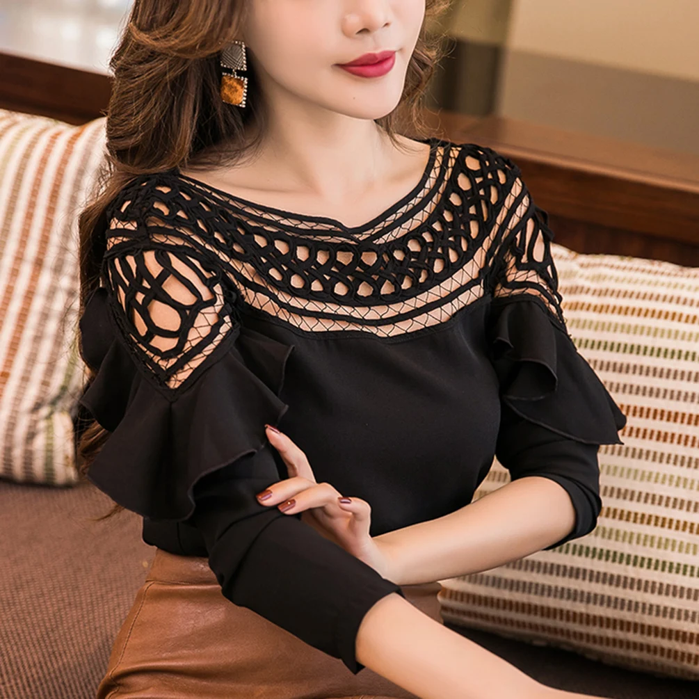 Vbiger Women Long Sleeve Ruffled Chiffon Shirt Sexy Lace Patchwork Top Trendy Hollow Out Blouse Black | Женская одежда