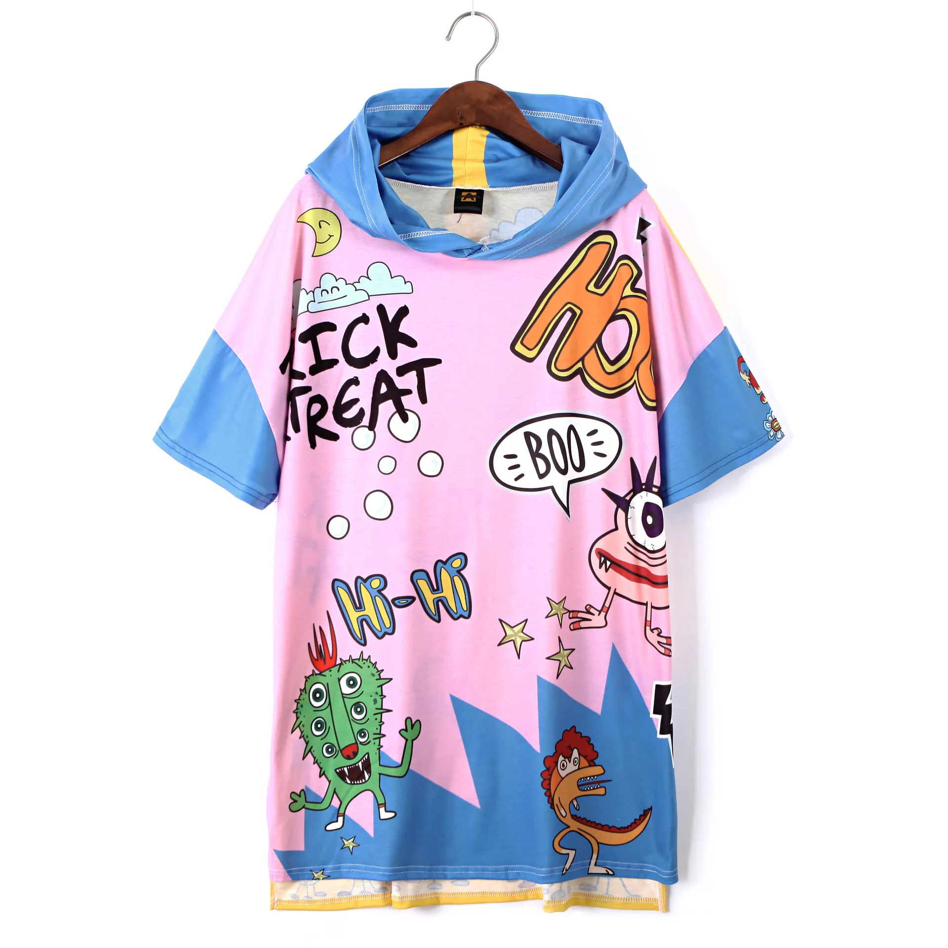 Vefadisa Graffiti Printing Hooded Dress Women Short Sleeve Drop-Shoulder T-Shirt Irregular Mini Split Tops ZLD785 | Женская одежда