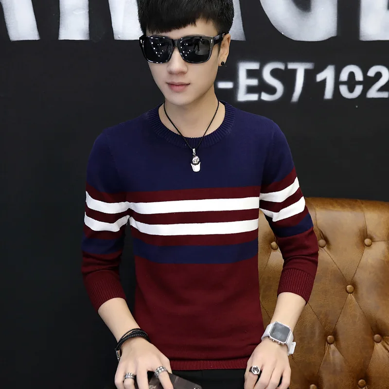 Мужской свитер пуловер в полоску на флисовой подкладке Корейском стиле