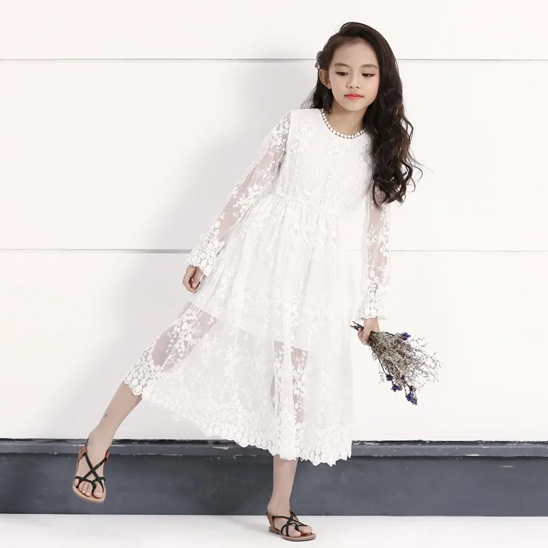 Floral Lace Chrochet Teenage Girls Dress Long Sleeve Cotton Spring Summer 2020 White Maxi Princess For Kids | Детская одежда и
