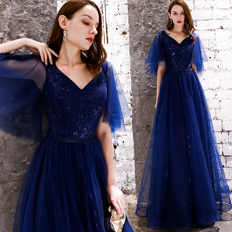SSYFashion/Новое темно-синее вечернее платье De Soiree простое с v-образным вырезом в пол