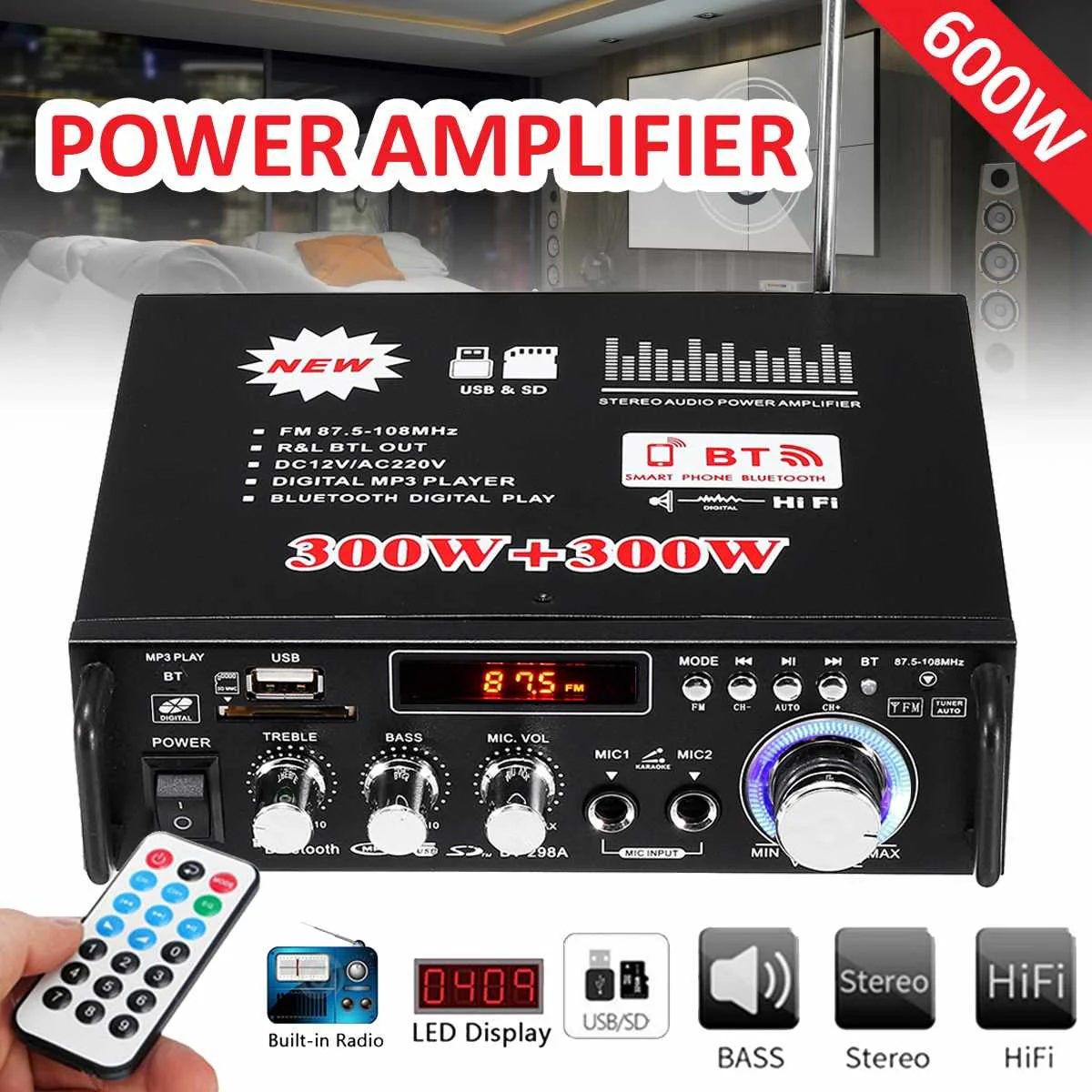 300 Вт+ 300 Вт 12/220V 2 канала Hi-Fi стерео аудио кабель Мощность усилитель bluetooth FM радио автомобиль Проекторы для домашнего кинотеатра музыкальный плеер