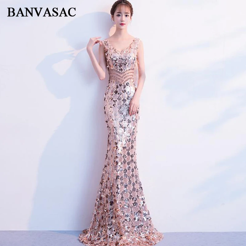 BANVASAC 2019 г. Длинные вечерние платья с блестками и V образным вырезом элегантные