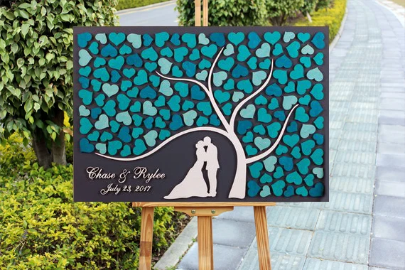 

Rustic Green Hearts 3D Wedding Guest Book Alternatives,Unique Guestbook Wooden Tree of Life Personalized Wedding Decor Gift