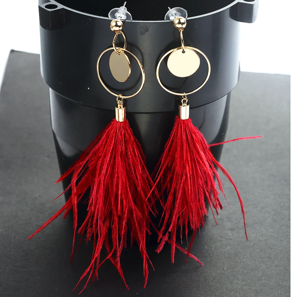 Серьги с перьями, длинные кристальные кисточки, украшения для женщин на свадьбу в богемском стиле из настоящего страуса.