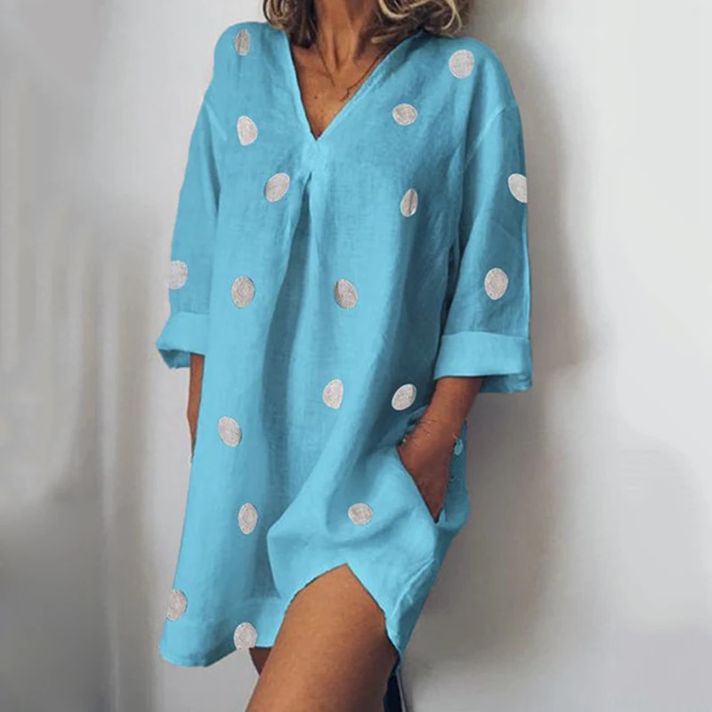 Женское летнее платье свободного покроя с рукавом 3/4 длинная футболка v-образным