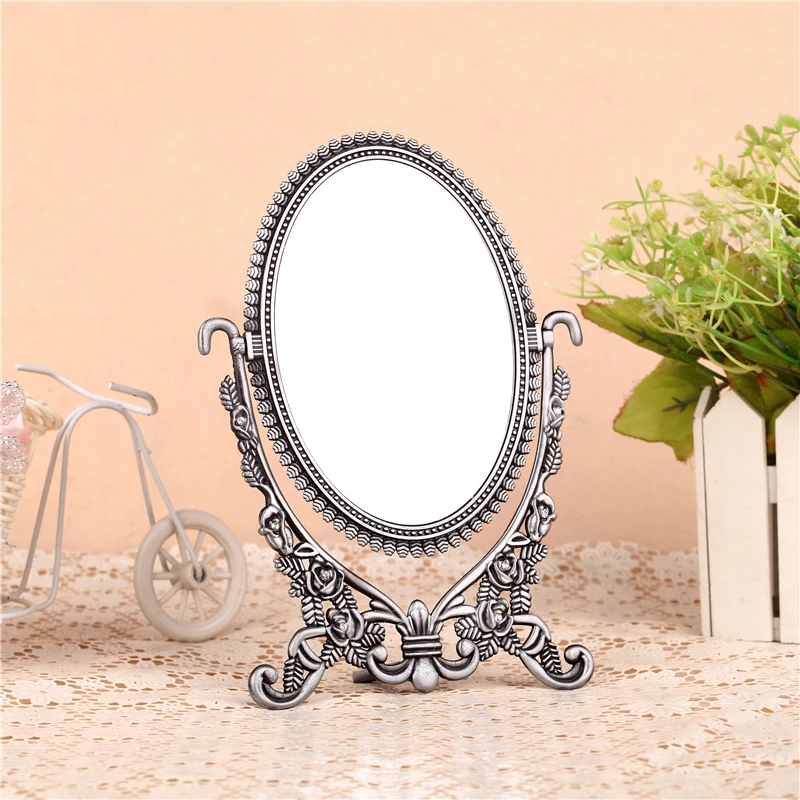 double-face retro bronze copper foldable alloy metal table makeup dresser desktop cosmetic decorative mirror embossed frame |