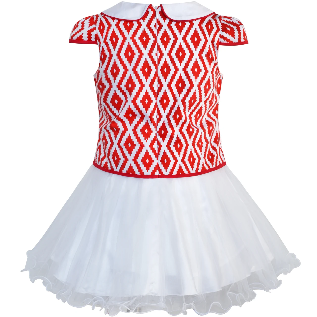 Sunny Fashion платья для девочек платье 2-в-1 красный Плед Белый воротничок Тюль 2020 Лето