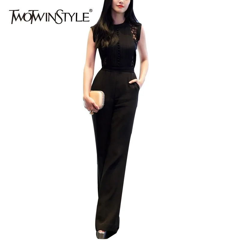 Женский комбинезон TWOTWINSTYLE с круглым вырезом коротким рукавом высокой талией и