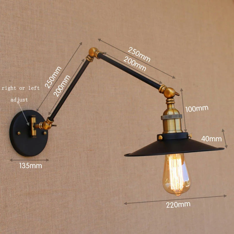 Регулируемая черная винтажная настенная лампа на длинной железной руке с E27 для столовой, спальни, ресторана, бара.
