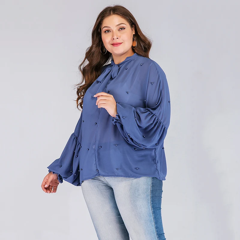 Женская шифоновая блузка Romacci 4XL с длинным рукавом-фонариком и жемчугом | одежда